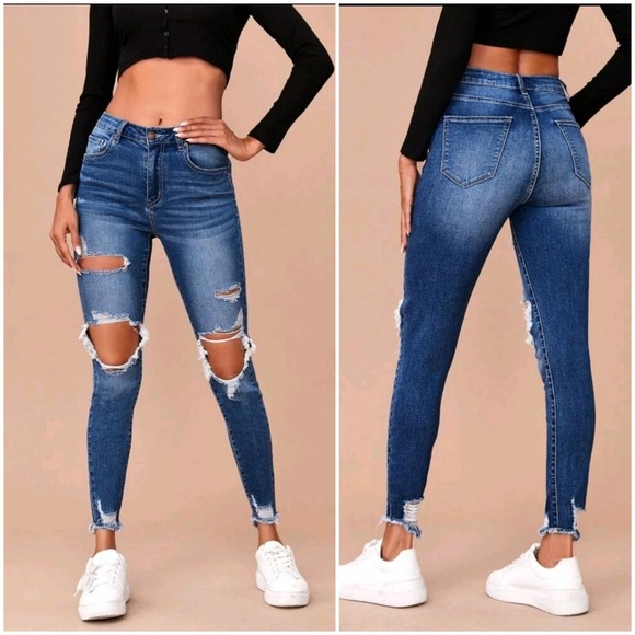 Denim - New Ava Raw Hem Distressed Ripped Skinny Jeans